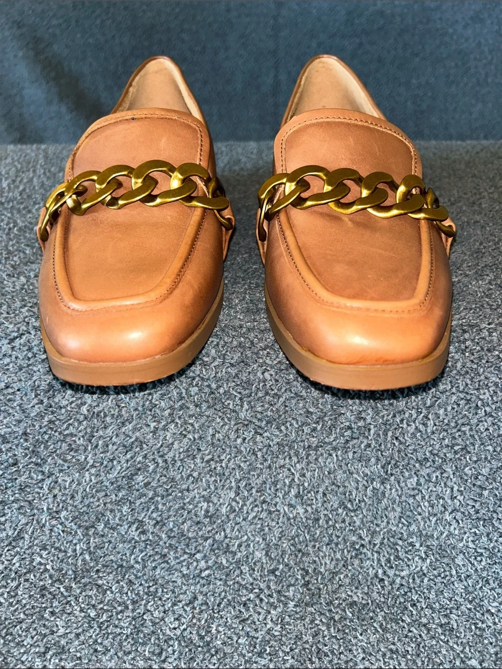 Vionic Brown Leather Loafers with Gold Chain Accent
